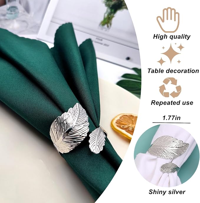 Silver Napkin Rings Set of 12, Shiny Metal Leaf Napkin Ring Silver Napkin Holder - Image 3