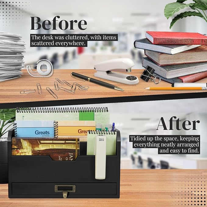 Flexzion Wood Desk Organizer, 3-Tier Mail Organizer w/Drawer, Light Brown | - Image 5
