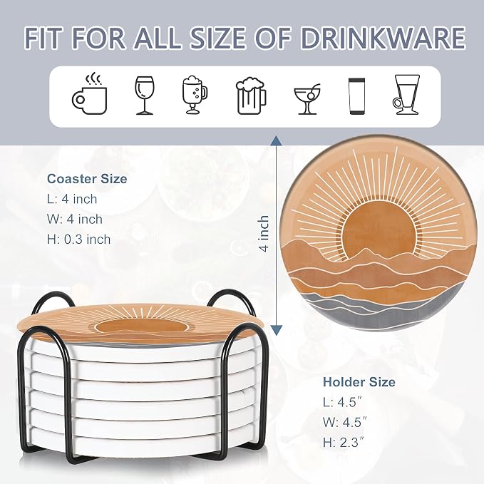 6 Pcs Coasters for Drinks with Holder, Boho Mountain Sun Absorbent Ceramic - Image 2