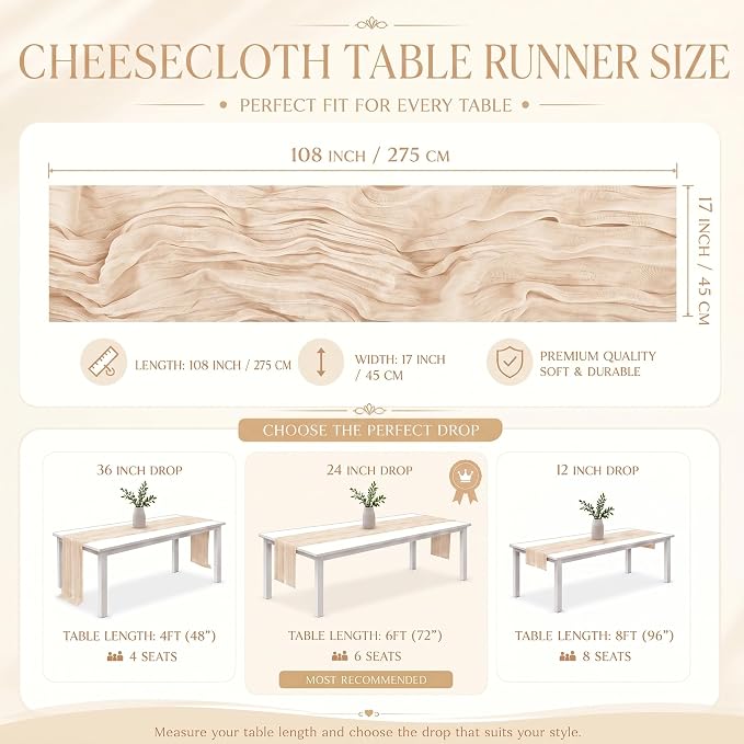 2 Pack Ivory Cheesecloth Table Runner 17x108 Inch Boho Rustic Semi Sheer Gauze - Image 3