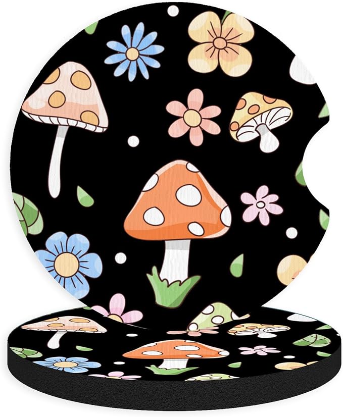 2pcs Cute Pink Mushrooms Car Coasters, Absorbent Universal neoprener Cup Holder by Unknown