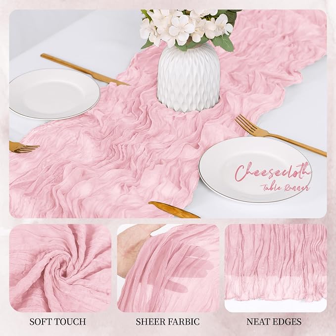 6 Pack Light Pink Cheesecloth Table Runner 17x108 Inch Semi Sheer Boho Gauze - Image 3