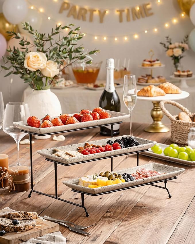 LAUCHUH 3 Tier Serving Trays for Party, Porcelain Tiered Serving Tray Stand | - Image 4