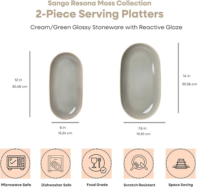 SANGO Resona Moss Serving Platters Set of 2, 14/12 Inch Stoneware Serving Dishes - Image 4