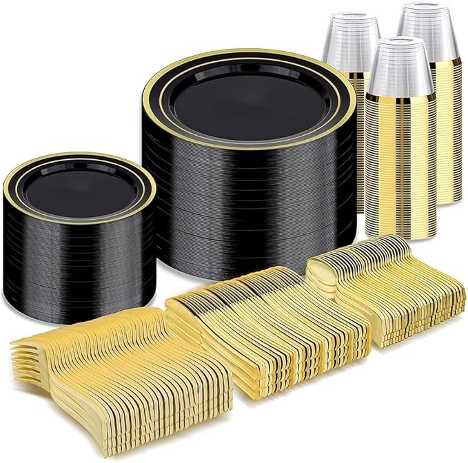 BESTVIP 600PCS Black Gold Dinnerware Set by Bestvip