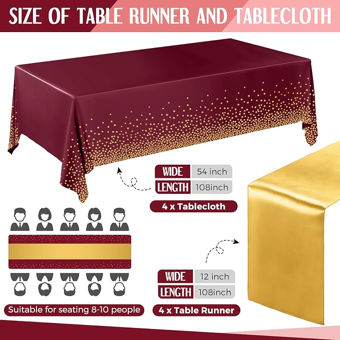 8 Pack Burgundy and Gold Disposable Plastic Tablecloths and Satin Table Runner - Image 2