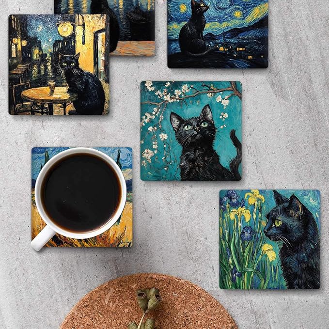 Drink Coasters for Drinks Set of 6, Art and Black Cat Absorbent Square Ceramic - Image 4