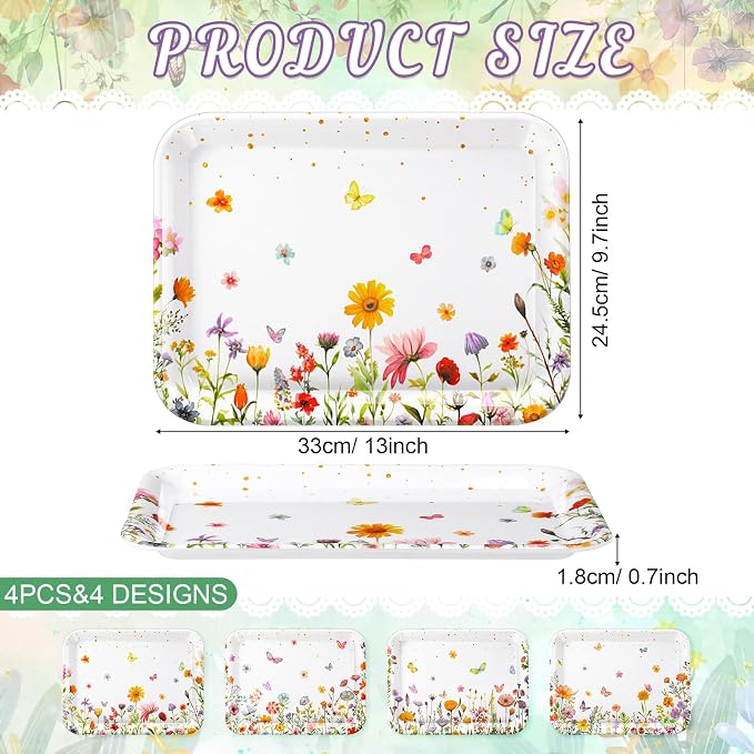 4 Pieces Wildflower Serving Trays Flower Melamine Platters Reusable Rectangle - Image 3