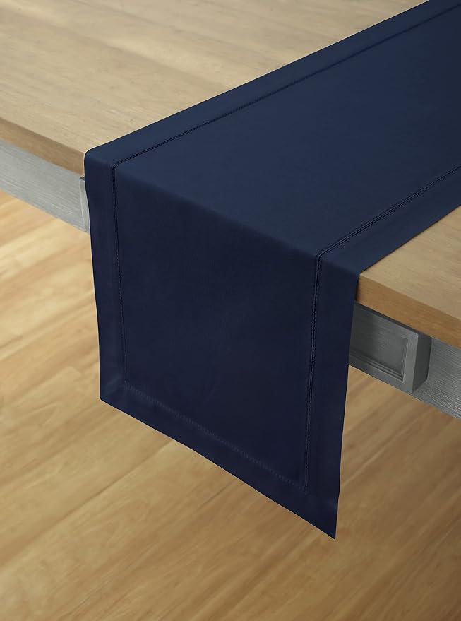 Solino Home Cotton Linen Table Runner Navy, Hemstitch Collection 14 x 60 in | - Image 2