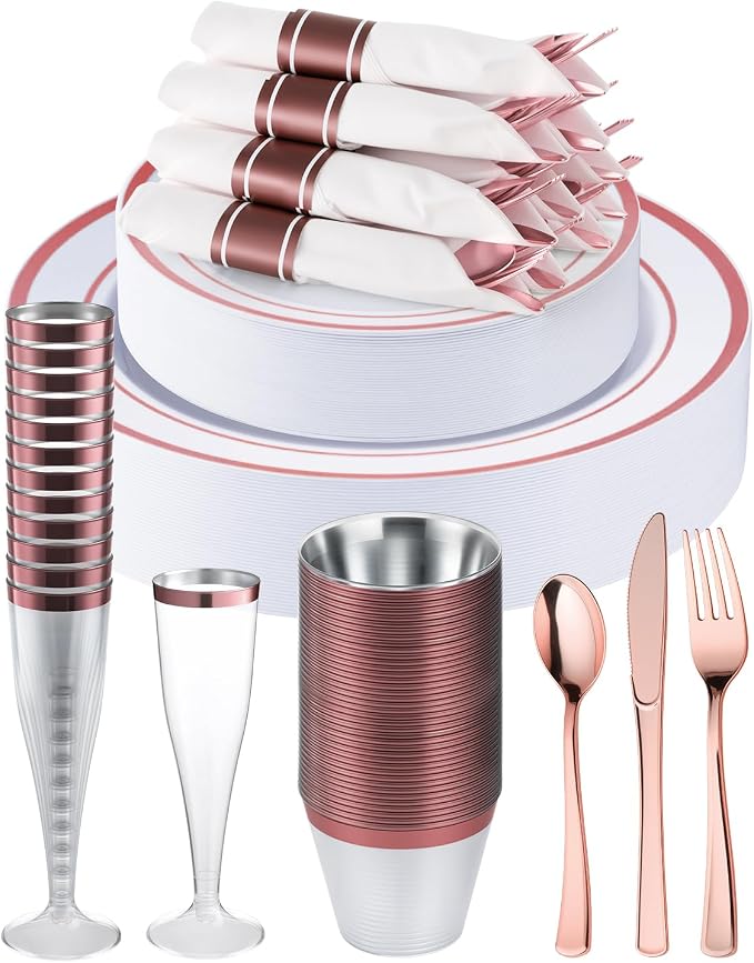 320PCS Rose Gold Fancy Disposable Dinnerware Sets by GoodLuck