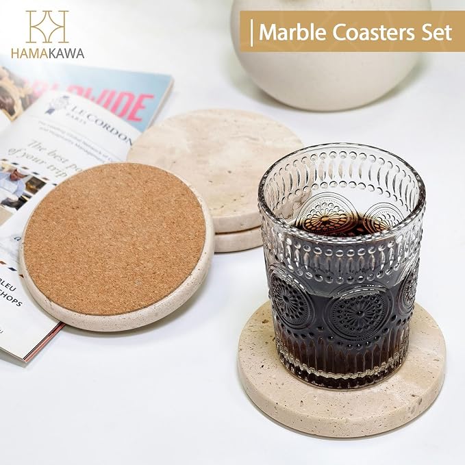 Turkish Natural Marble Coasters Set of 4, Round Travertine Coasters 4 inch - Image 2