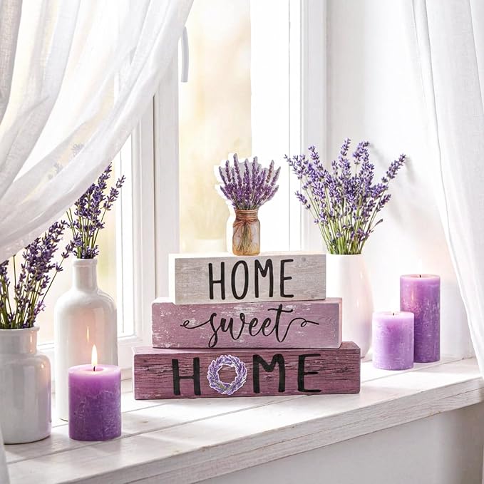 Cinnvoice 4 Pcs Farmhouse Wooden Tabletop Decor Purple Lavenderspring Rustic - Image 2