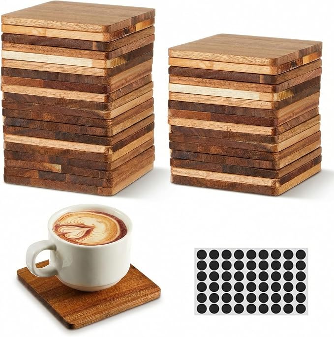 36 Pcs Unfinished Acacia Wood Coasters Bulk, 4 Inch Square Wooden Coasters by Ferrochef