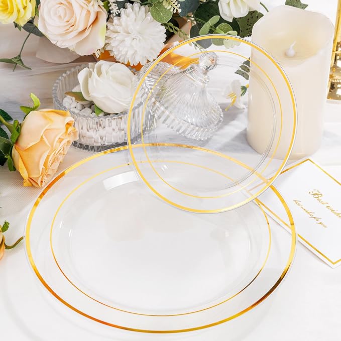 102 Pcs Clear Gold Plastic Plates, Premium Disposable Party Plates | Clear and - Image 8