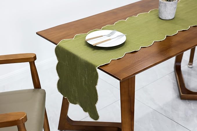 100% Natural Linen Rustic Scalloped Embroidery Table Runner 72 Inches Long by AORISSI
