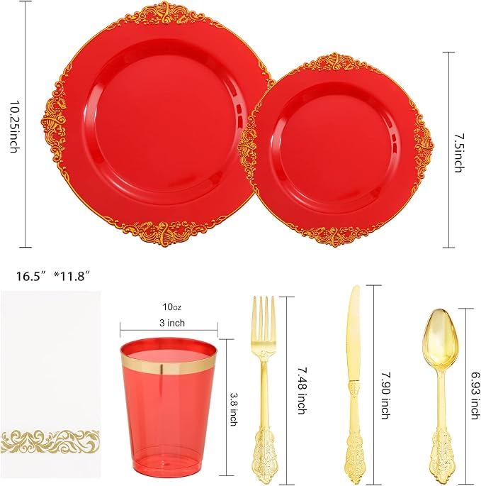 Morejoy 175PCS Red Plastic Plates, 25 Silverware Sets, 25 Cups, 25 Napkins - Image 5
