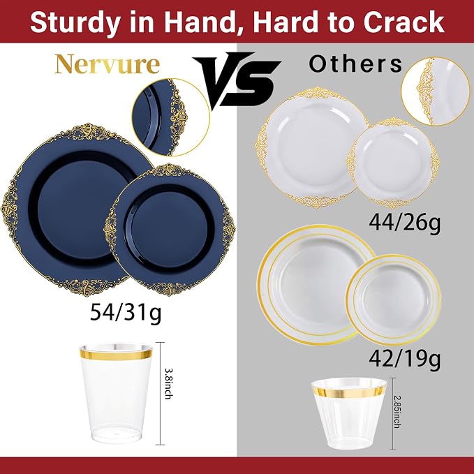 Nervure 175Pcs Blue Plastic Plates, Disposable Dinnerware Set - Image 4