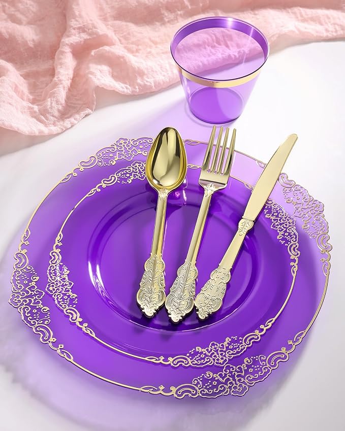 175 Piece Clear Purple Plastic Dinnerware Set - Image 4
