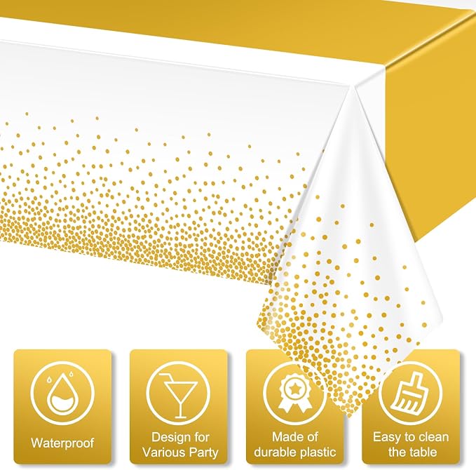 6Pcs White and Gold Tablecloth Party Decorations, Plastic White Table Cloth - Image 3