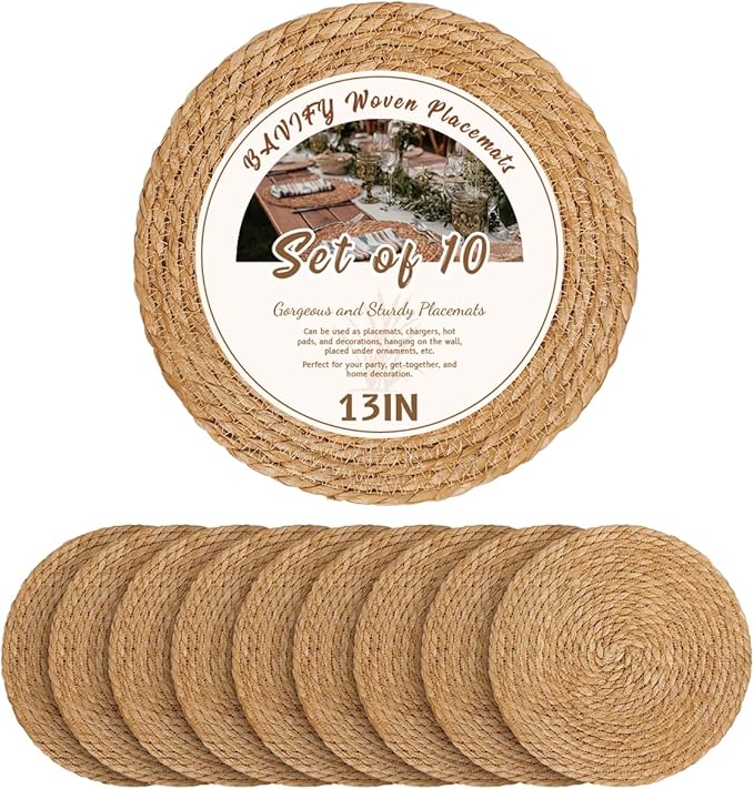 13 in Round Woven Placemats Plate Chargers Set of 10, Boho Farmhouse Rustic by BavifyBaking