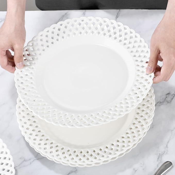 Large White Dinner Plates 12 inch, Ceramic Dinner Plates Set of 4, Basketweave - Image 3