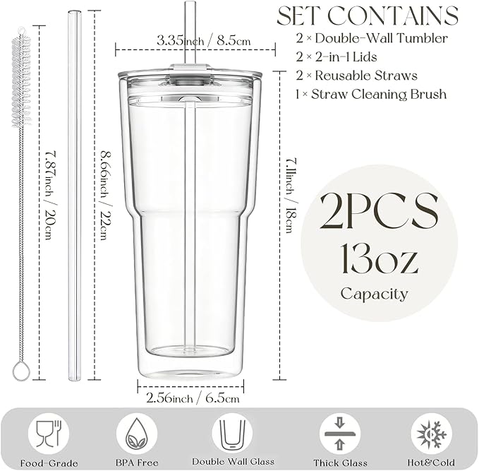 KEMORELA 2PCS 20oz Clear Double Wall Glass Cups - Image 3
