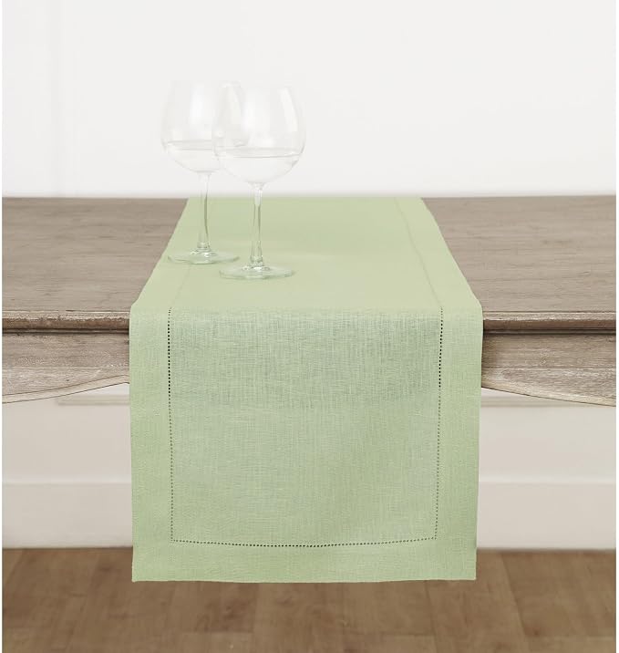Solino Home 100% Linen Table Runner Green, Classic Hemstitch 14 x 90 in | Table by SolinoHome