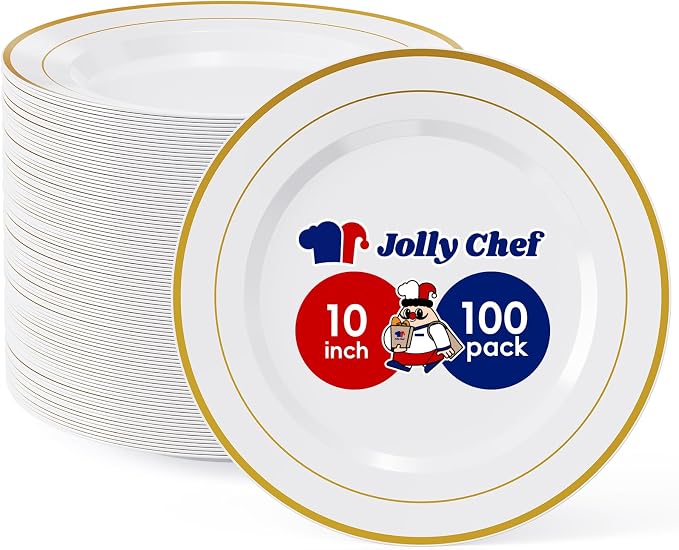 100 Pieces Gold Plastic Plates, 10 Inch Elegant Disposable Dinner White by JOLLYCHEF