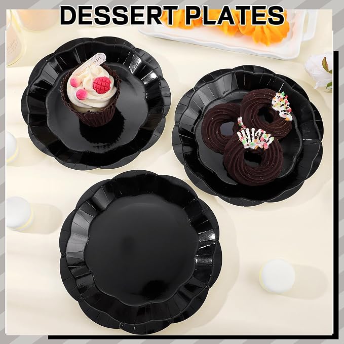 NatNarr 30 Pcs Black Paper Plates, 7 Inch Scalloped Black Plates | Cake Dessert - Image 4