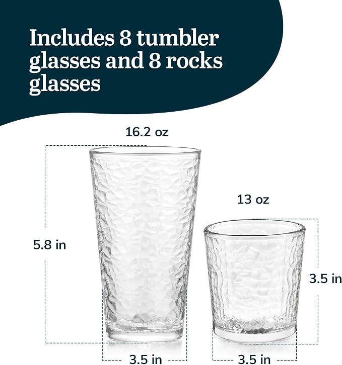 Libbey Yucatan Textured Tumbler & Rocks Drinking Glasses Set of 16 | Jumbo - Image 3
