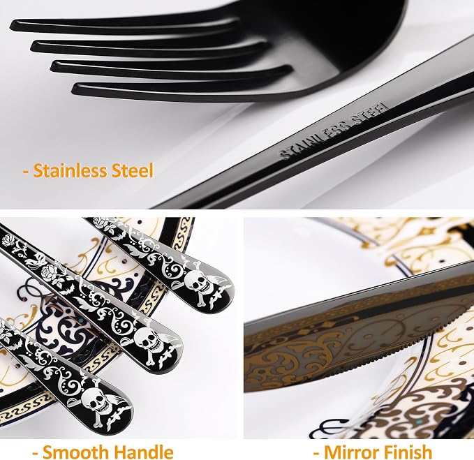 Skull Black Silverware Set for 8, 40-Piece Pirate Rose Flatware Set, Gothic - Image 3