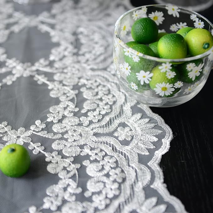 SUTAVIA Lace Patio Table Runner 12"×48" White Embroidered Dresser Scarf | - Image 5