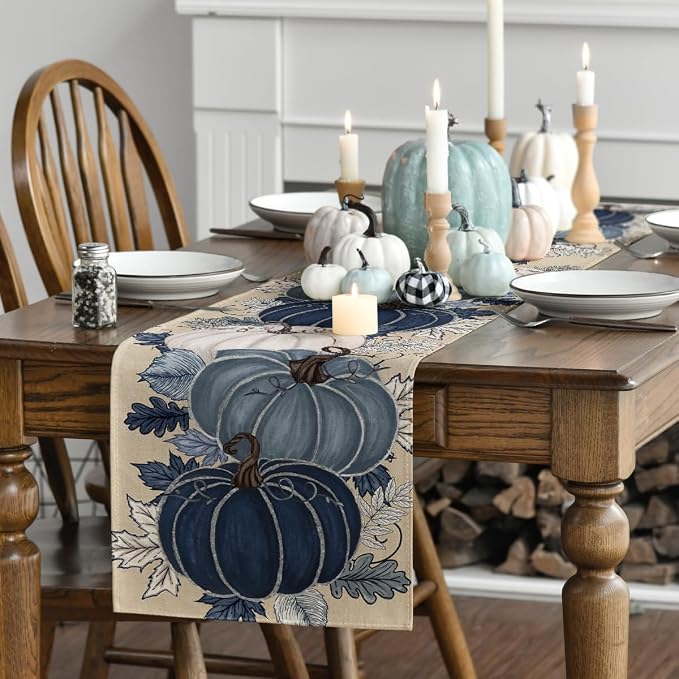 Artoid Mode 210 GSM Fall Table Runner 13x108 Inch Home Party Decor | Blue and - Image 3