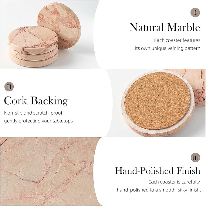 Natural Marble Coaster Set of 4.Round Drinks Coasters, Non-Ceramic/Non-Resin | - Image 3