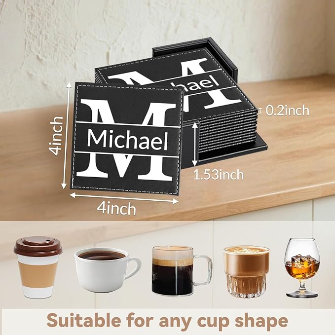 Custom Coaster, Personalized PU Name Coasters Set of 6 - Image 2