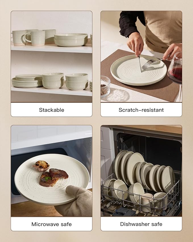 Stoneware Dinnerware Set for 4, Plates & Bowls, Chip & Scratch Resistant - Image 5