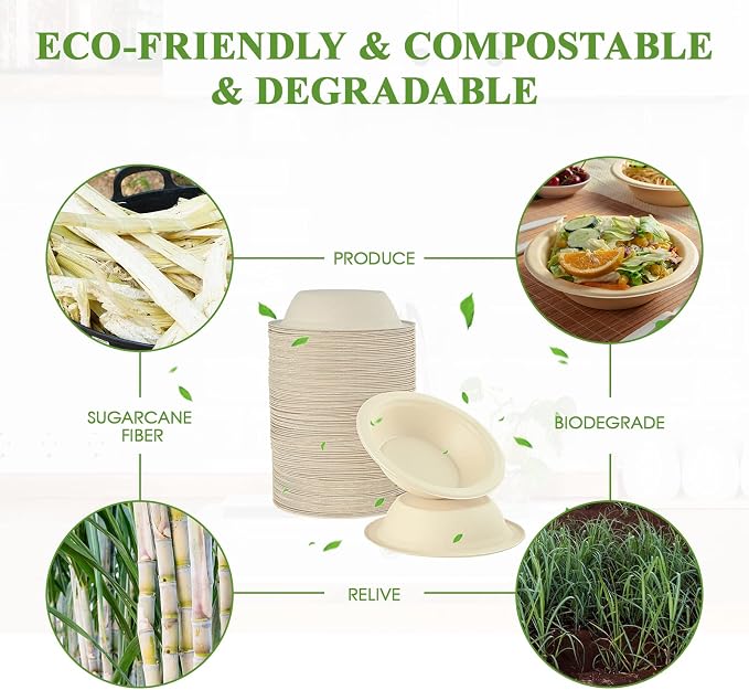 Vplus 200 Pack 16 OZ Compostable Paper Bowls, Bagasse Bowls，Nature | Disposable - Image 5