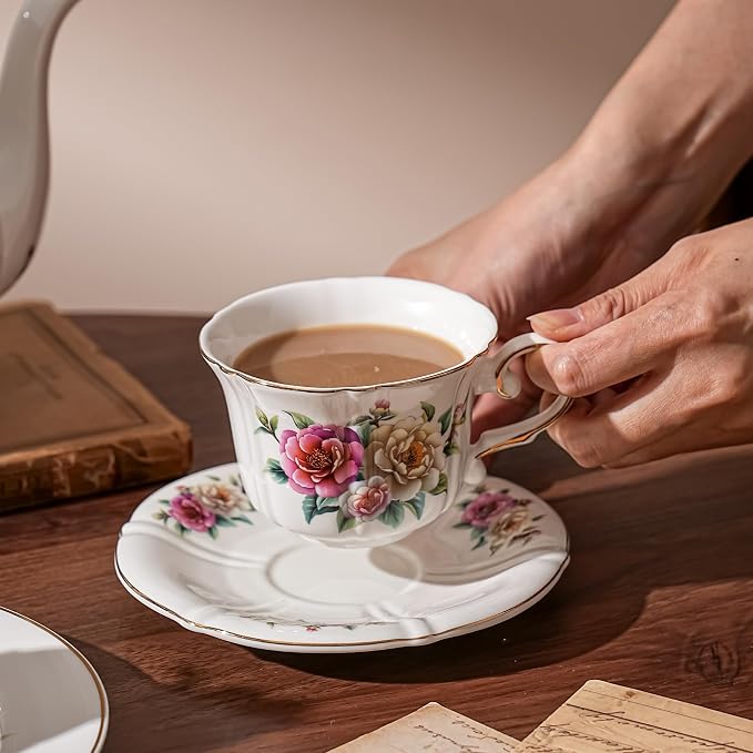Ceramic Floral Cups with Saucers，7 oz Espresso Cups - Image 4
