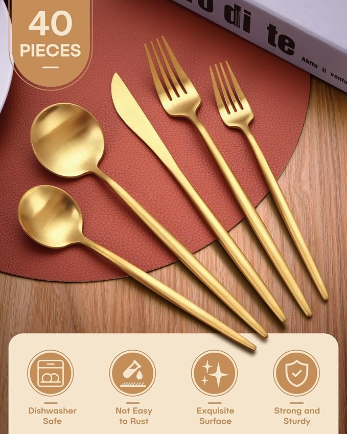Gold Silverware Set, Ollex 40 Pieces Flatware Set - Image 2