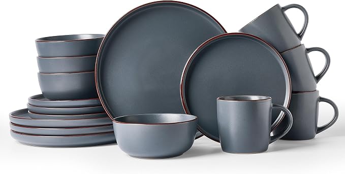 Famiware Mercury 16-Piece Stoneware Plates and Bowls, Charcoal | Dinnerware Set by Famiware