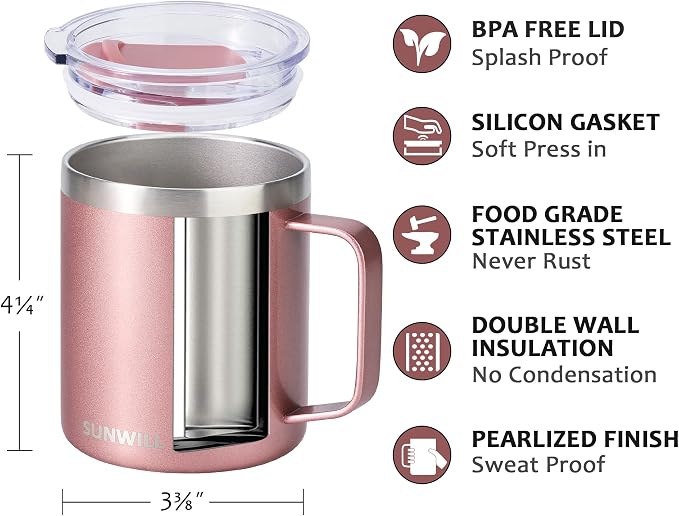 SUNWILL Travel Coffee Mug with Lid, Insulated Tumbler with Handle, 14 oz - Image 2