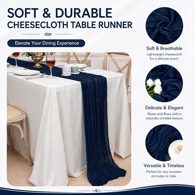 12 Pack Navy Blue Cheesecloth Table Runner 17x108 Inch Boho Rustic Semi Sheer - Image 4