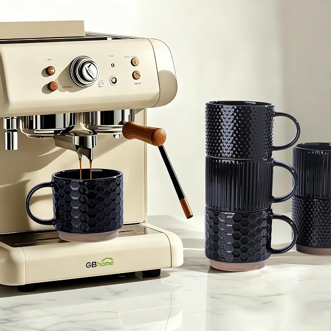 GBhome 12 OZ Stackable Coffee Mugs Set of 4, Ceramic Black Coffee Cups Set | 4 - Image 5