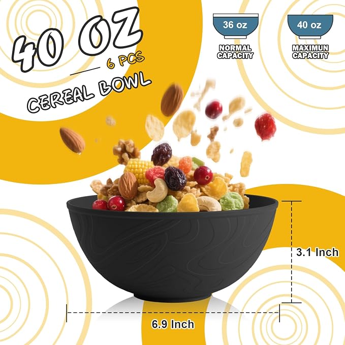 Unbreakable Cereal Bowls 40 OZ, Wheat Straw Bowls Set of 6, Anti Scald Extra - Image 2