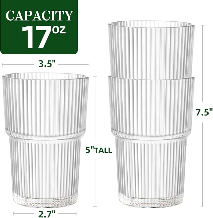 REALWAY 17oz Ribbed Plastic Glasses, Unbreakable Acrylic Drinking Cups – Clear - Image 4