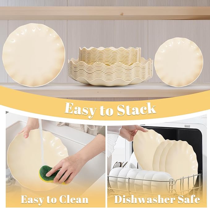 LIYH 50 Pcs Beige Plastic Plates Reusable Unbreakable Dinner Plates Scalloped - Image 4
