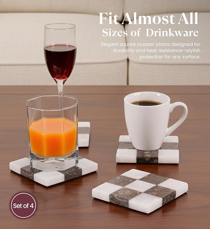 Marble Coasters Set of 4, Square Drink Checkered Coasters - Image 2