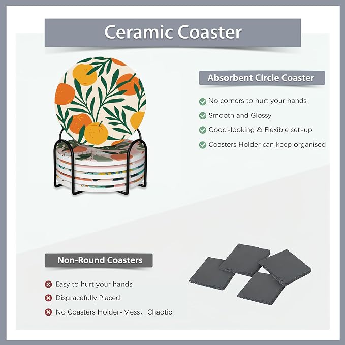 Drink Coasters Set of 6 with Holder, Tropical Palm Leaves Orange Floral - Image 4