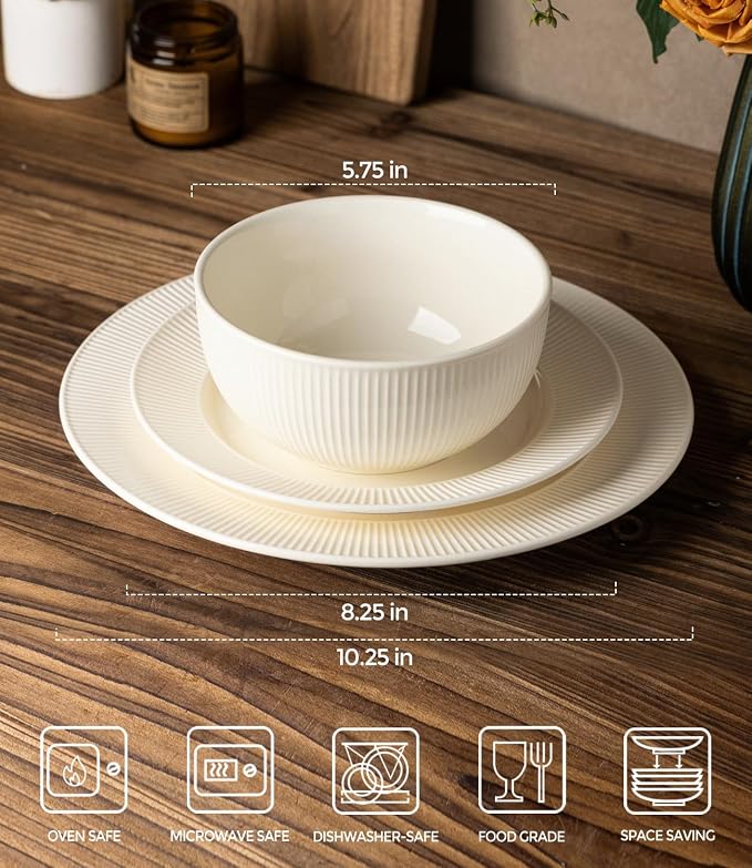 Ceramic Dinnerware Set for 4, 12-Piece Plates and Bowls Set | Lightweight - Image 2