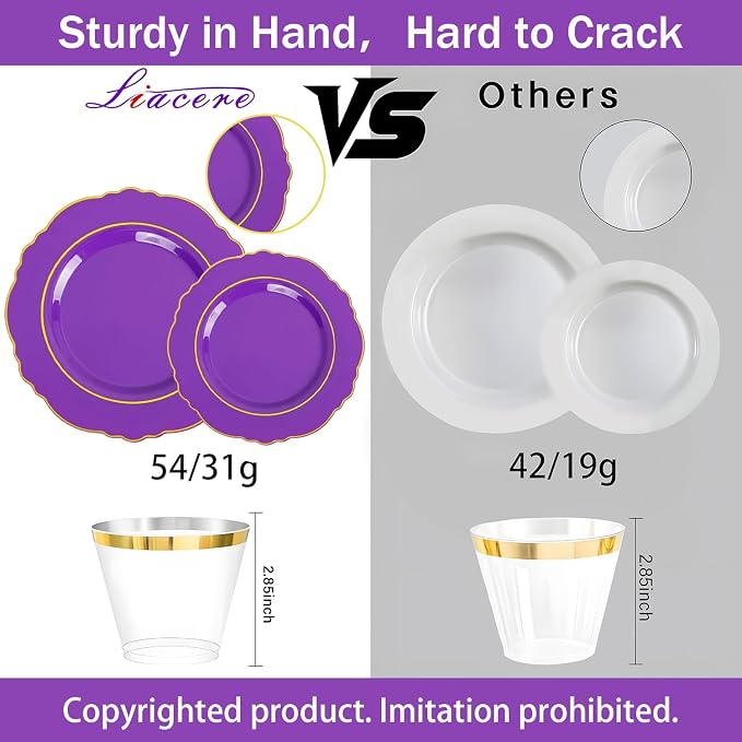 350PCS Purple Plastic Plates-Disposable Purple and Gold Plates 50 guest Baroque - Image 2